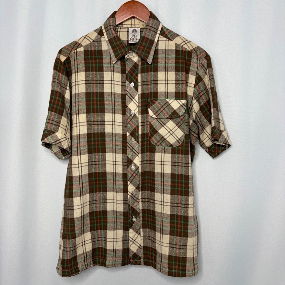 Alfie California Mens Large Short Sleeve Plaid Button Down Shirt Brown Green VTG